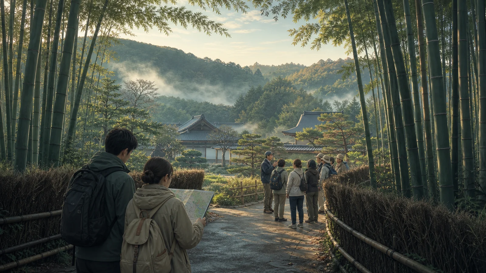 Editorial illustration of two independent travelers reading a route map while a small guided group explores a quiet early-morning bamboo path in Arashiyama.