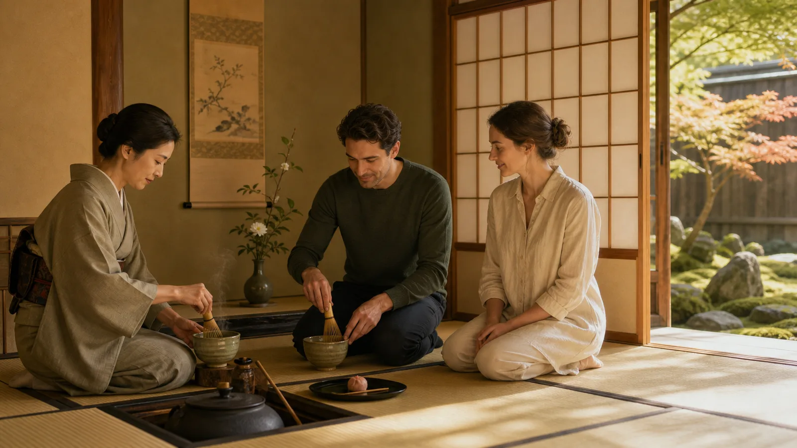 Editorial illustration of a Kyoto tea host preparing matcha while two travelers observe and practice whisking in a tatami room.
