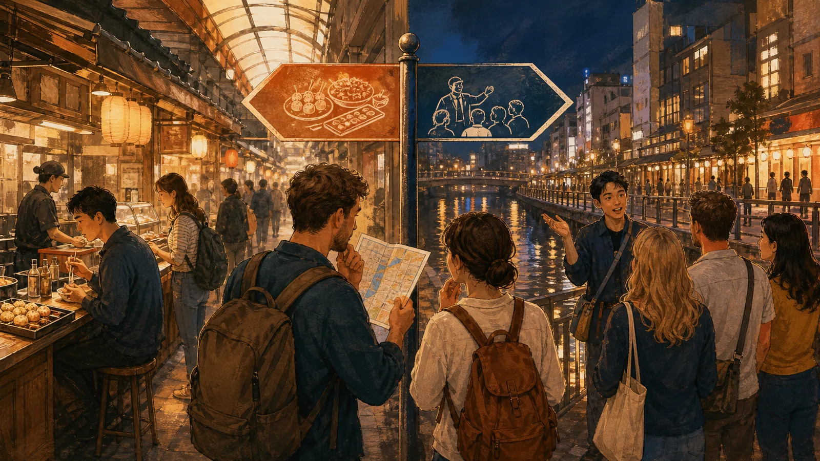 Editorial illustration of independent travelers using a map at an Osaka market while a small guided food group explores a canal-side evening district.