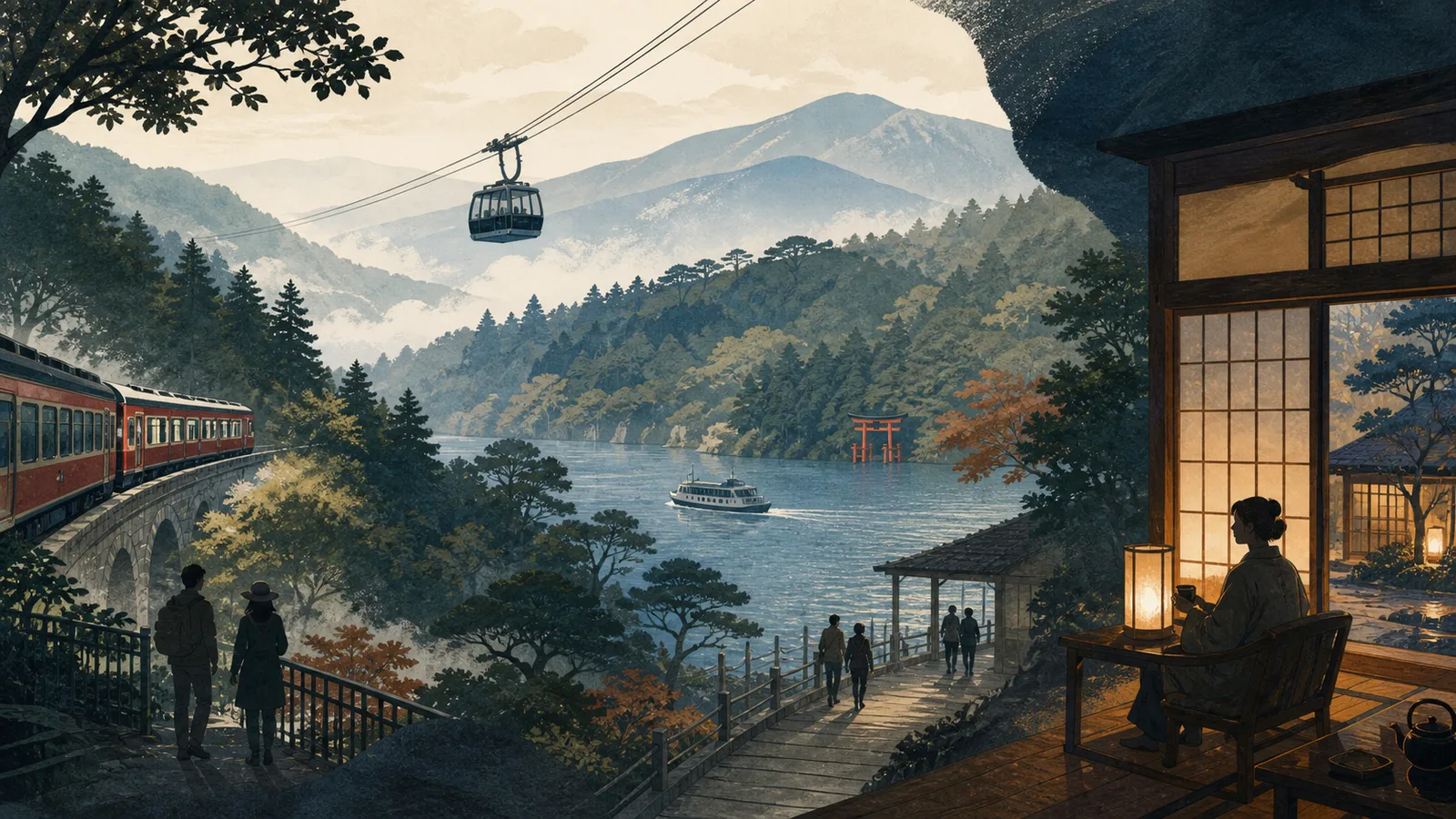 Editorial illustration of travelers moving between rail, ropeway, lake travel, and a quiet Hakone ryokan.