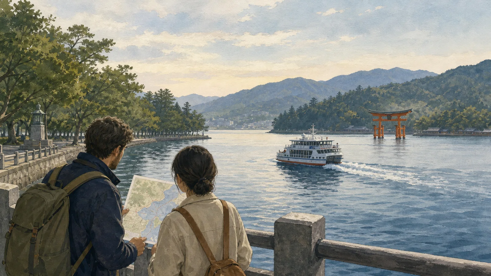 Editorial illustration of two travelers planning a Hiroshima and Miyajima day beside the water as a ferry crosses toward the Great Torii.