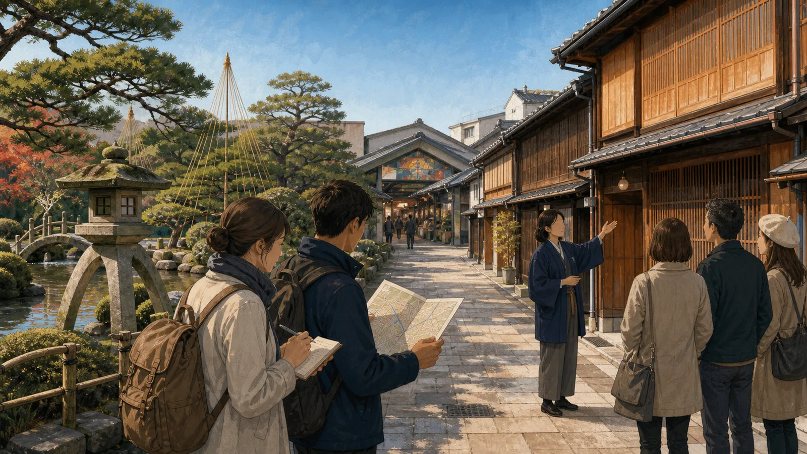 Editorial illustration of independent travelers reading a map while a private guide explains a traditional Kanazawa streetscape beside a landscaped garden.