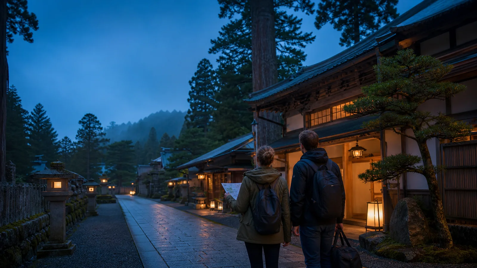 Two travelers compare an itinerary beside a lantern-lit temple lodging on a quiet cedar-lined evening street in Koyasan.