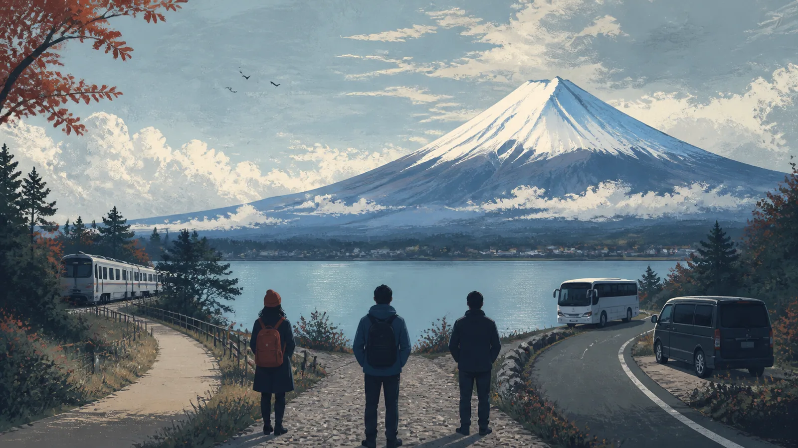 Editorial illustration of travelers comparing train, coach, and private vehicle routes toward Mt. Fuji.