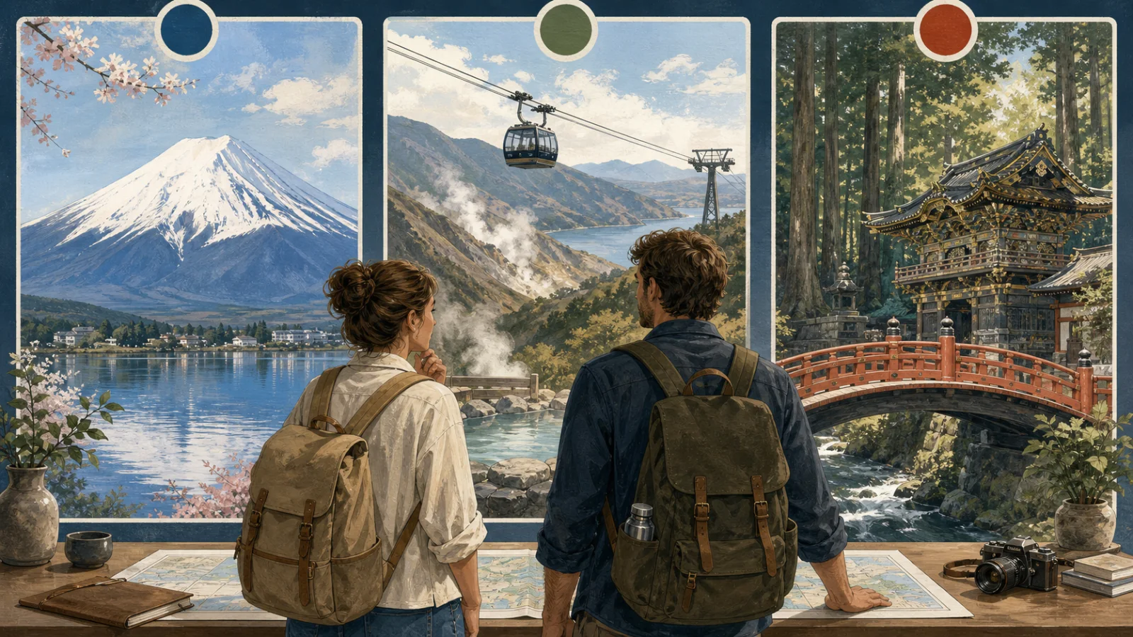 Editorial illustration of two travelers comparing three separate Tokyo day-trip choices: Mt. Fuji, Hakone, and Nikko.