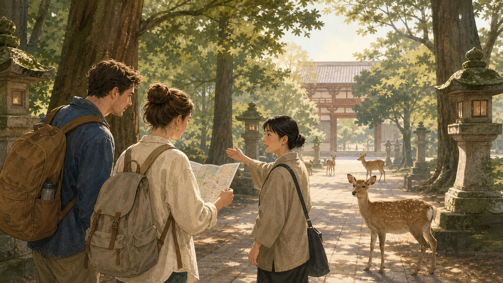 Editorial illustration of two travelers comparing a map with a local guide among stone lanterns and wild deer in Nara Park.