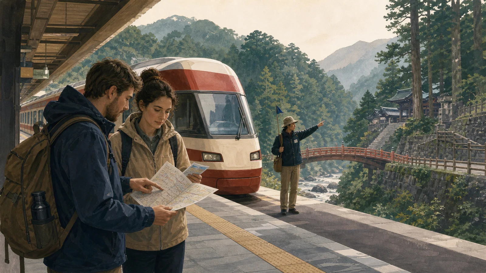 Editorial illustration of two travelers comparing a map and rail pass beside a train bound for Nikko's cedar forests and Shinkyo Bridge.