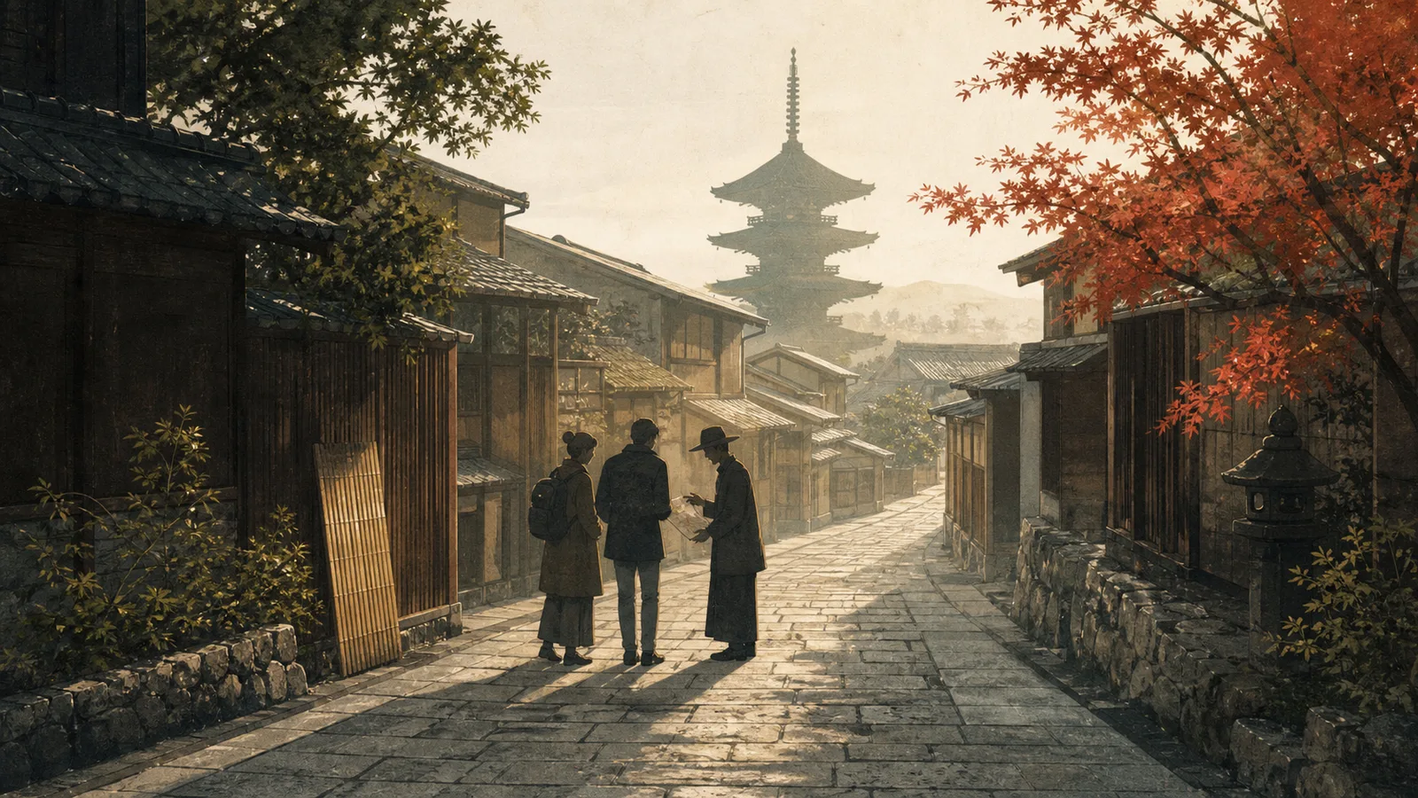 Editorial illustration of travelers and a guide planning a route through a quiet Kyoto lane.