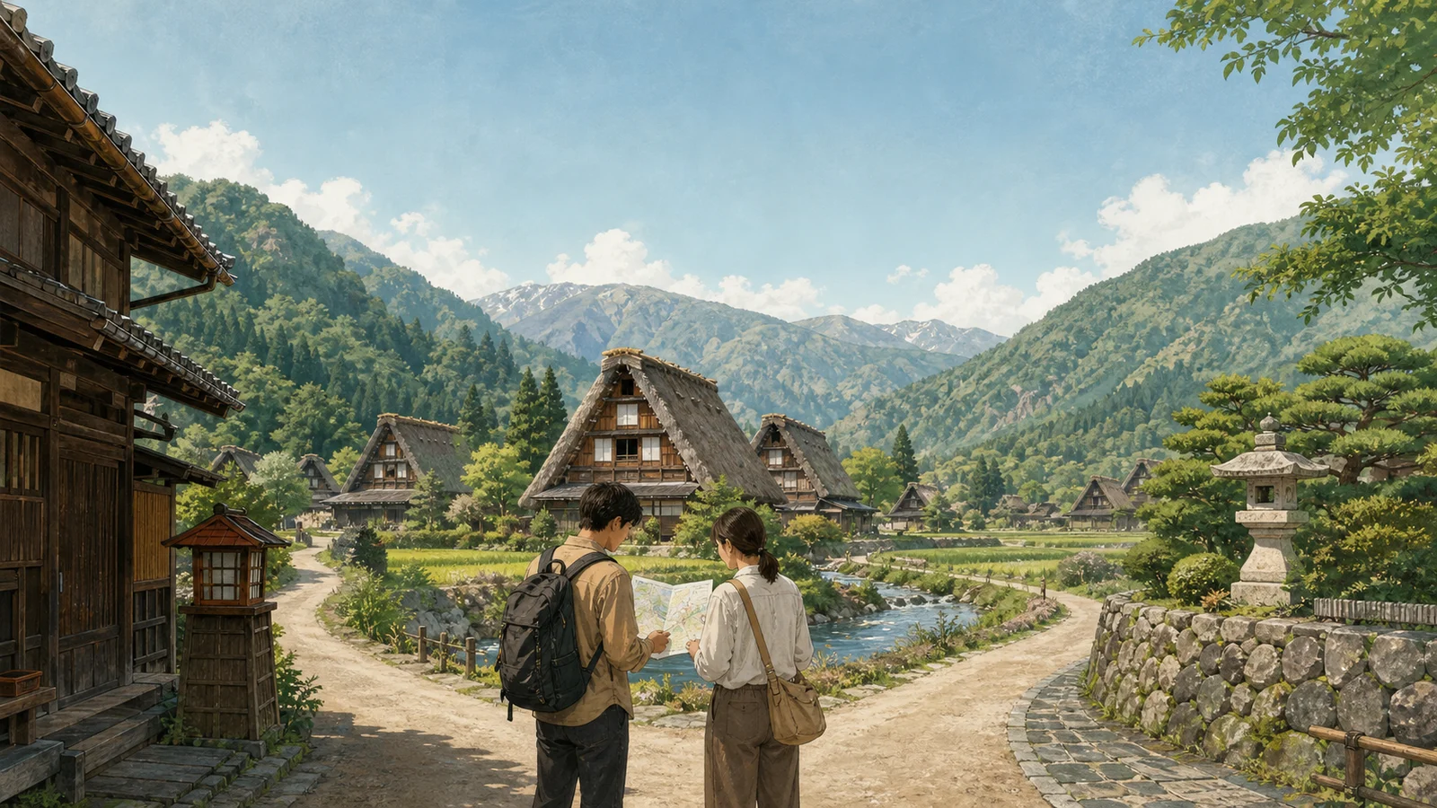 Editorial illustration of two travelers comparing routes at a crossroads overlooking Shirakawa-go's thatched farmhouses and mountain valley.