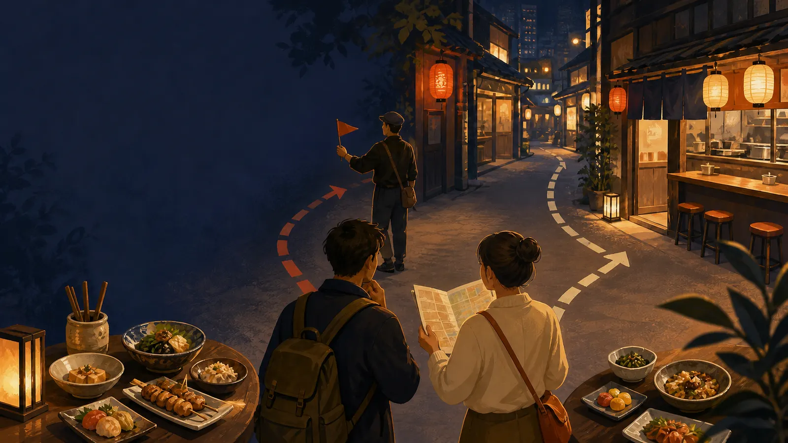 Editorial illustration of two travelers choosing between a guided route and a self-guided evening through Tokyo eateries.